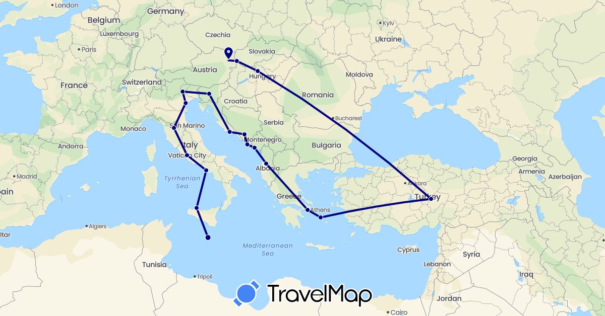 TravelMap itinerary: driving in Albania, Austria, Bosnia and Herzegovina, Greece, Croatia, Hungary, Italy, Montenegro, Malta, Slovenia, Slovakia, Turkey, Vatican City (Asia, Europe)